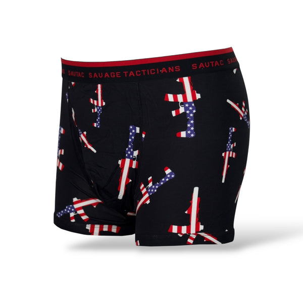 Savage Tacticians black boxer briefs with American flag rifle print and branded waistband