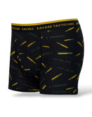 Savage Tacticians men's black boxer briefs with yellow bullet pattern and logo waistband