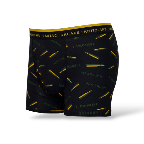 Savage Tacticians men's black boxer briefs with yellow bullet pattern and logo waistband