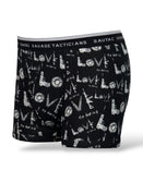 Savage Tacticians black boxer briefs with guns and ammo print, logo waistband