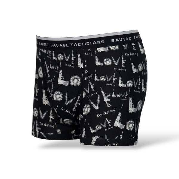 Savage Tacticians black boxer briefs with guns and ammo print, logo waistband