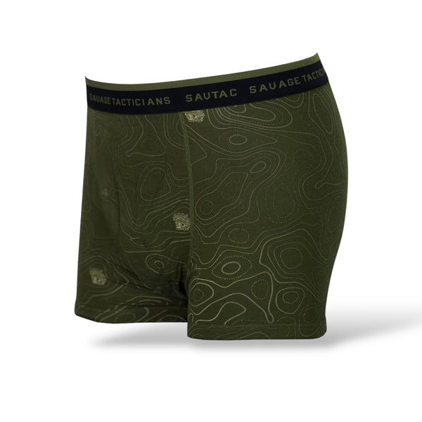 Savage Tacticians green boxer briefs with contour line design and branded waistband