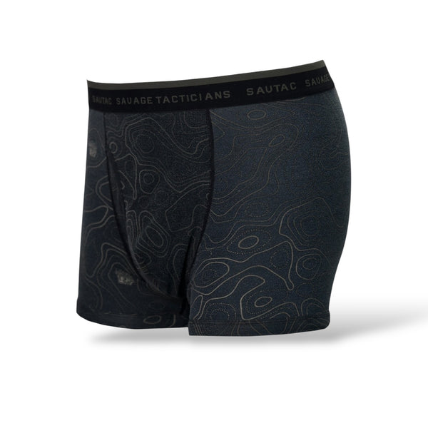 Savage Tacticians men's black boxer briefs with topographic map pattern and branded waistband
