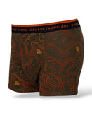 Savage Tacticians men's boxer briefs with orange topographic map pattern on dark fabric