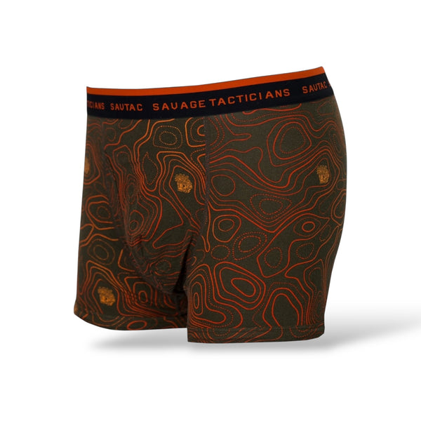 Savage Tacticians men's boxer briefs with orange topographic map pattern on dark fabric