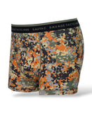 Savage Tacticians men's boxer briefs with orange camo pattern and branded waistband