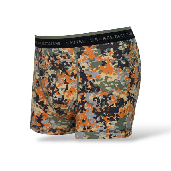 Savage Tacticians men's boxer briefs with orange camo pattern and branded waistband