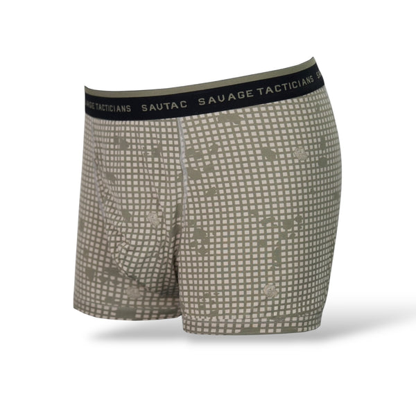Savage Tacticians men's boxer briefs with digital camo grid pattern and branded waistband