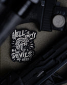 Skull patch with tactical headset and text 'Hell is empty and all the devils are here' by Savage Tacticians