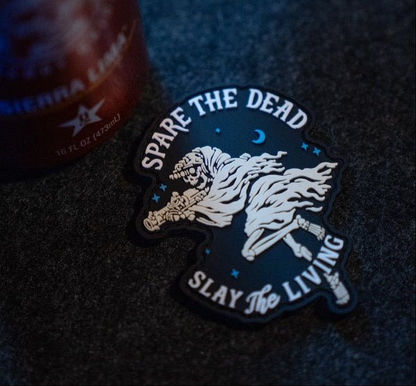 Savage Tacticians patch with skeleton reaper, cloak, crescent moon, text 'Spare the Dead Slay the Living'.