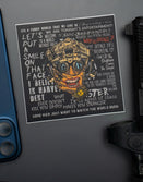 Savage Tacticians sticker featuring a tactical helmet Joker face with quotes, next to a blue phone and firearm.