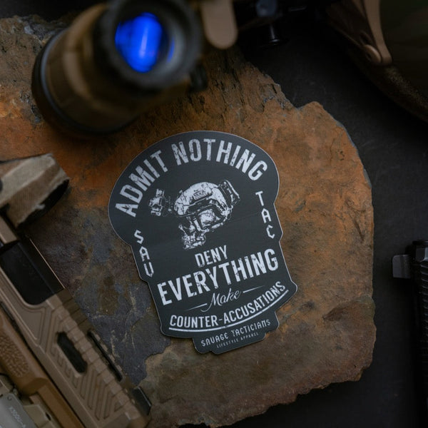 Savage Tacticians tactical sticker with skull helmet on stone, surrounded by gear