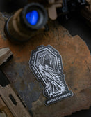 Savage Tacticians sticker with grim reaper and rifle on rock, tactical gear background