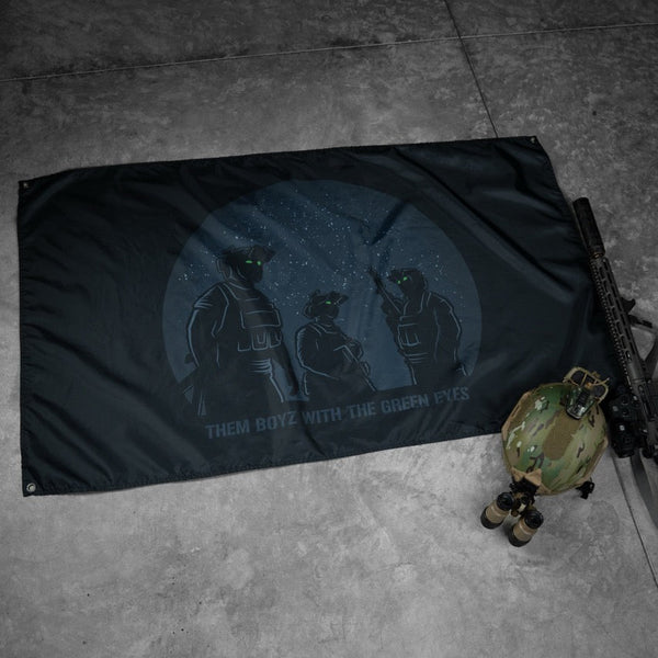 Savage Tacticians flag featuring night vision soldier silhouettes with green eyes, helmet, and rifle