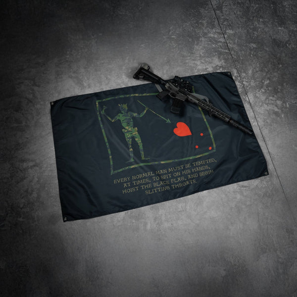 Savage Tacticians flag with pirate skeleton and rifle on dark concrete floor