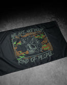 Savage Tacticians flag with skull, night vision goggles, and camo design on dark background