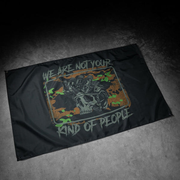 Savage Tacticians flag with skull, night vision goggles, and camo design on dark background
