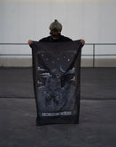 Person in tactical helmet holding Savage Tacticians flag with night sky soldier art