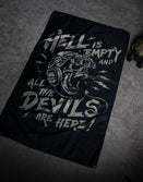 Savage Tacticians flag featuring a tactical skull with night vision, text 'Hell is empty and all the devils are here'