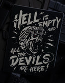 Savage Tacticians sticker with skull in night vision gear and bold 'Hell is Empty' text