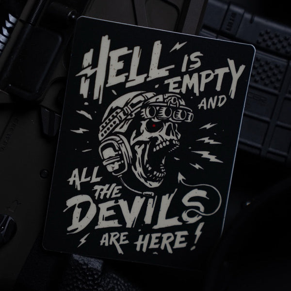 Savage Tacticians sticker with skull in night vision gear and bold 'Hell is Empty' text