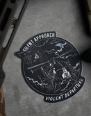 Savage Tacticians sticker with helicopters, tactical soldiers, and 'Silent Approach Violent Departure' text