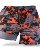 Savage Tacticians men's shorts with orange and grey camo pattern and inner liner