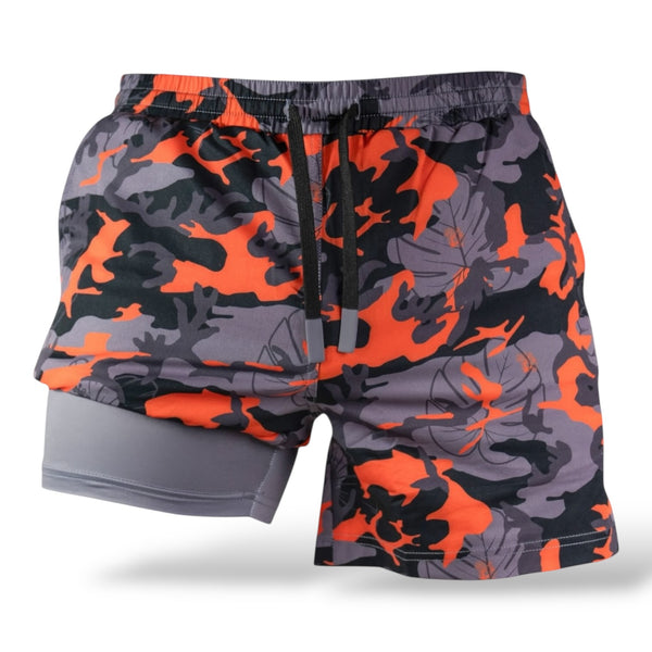 Savage Tacticians men's shorts with orange and grey camo pattern and inner liner