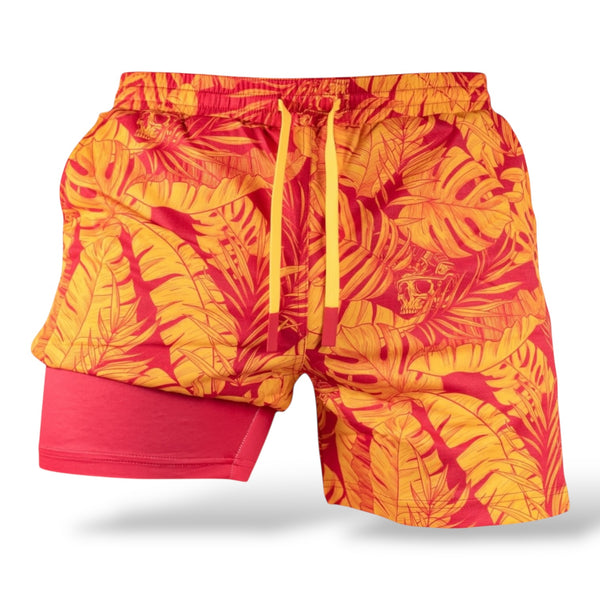 Savage Tacticians red and yellow tropical print shorts with inner lining and skull design