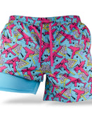 Savage Tacticians men's athletic shorts with blue and pink geometric retro print