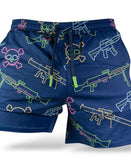Savage Tacticians men's navy shorts with neon rifle and skull pattern
