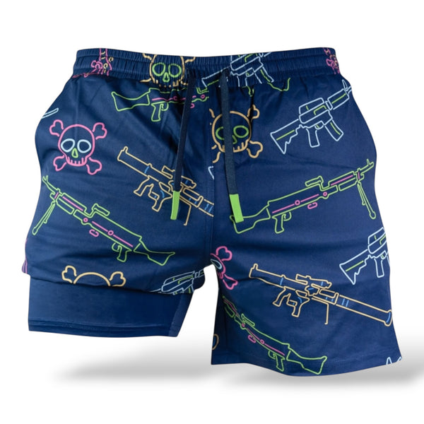 Savage Tacticians men's navy shorts with neon rifle and skull pattern