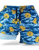 Savage Tacticians blue swim shorts with yellow floral and weapon print design