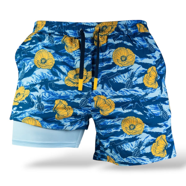 Savage Tacticians blue swim shorts with yellow floral and weapon print design