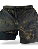 Savage Tacticians camo athletic shorts with inner liner, black and green camouflage pattern