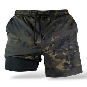 Savage Tacticians camo athletic shorts with inner liner, black and green camouflage pattern
