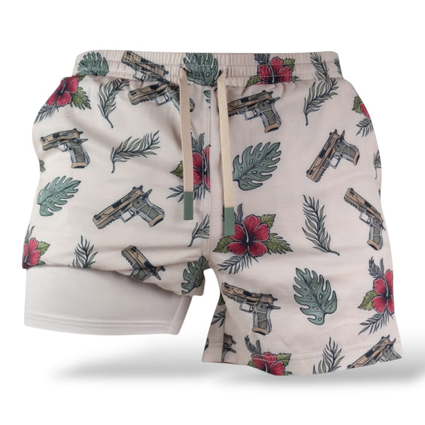 Savage Tacticians men's shorts with pistols, hibiscus flowers, and leaf print design