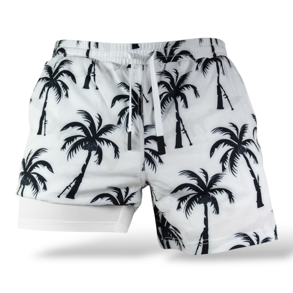Savage Tacticians white shorts with black palm tree and rifle pattern, dual layer design
