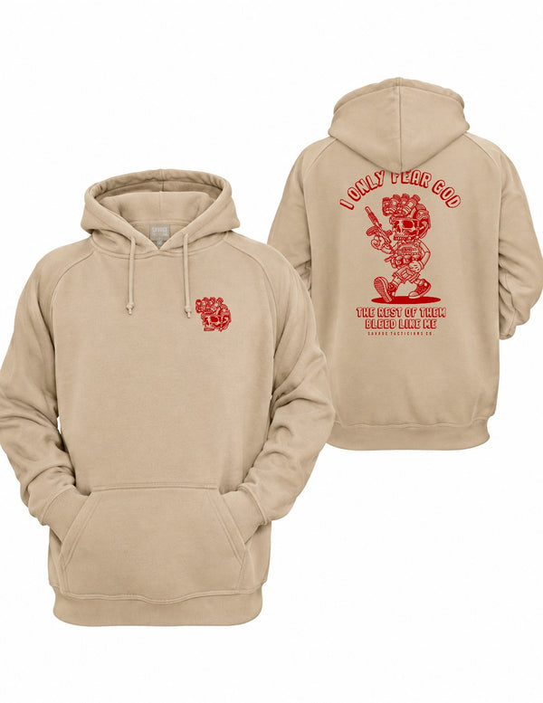 Mushroom tan Fear God Graphic Hoodie by Savage Tacticians. Back print: a red cartoon skeleton soldier with a rifle and helmet under I Only Fear God, The Rest Of Them Bleed Like Me; small Savage Tacticians logo of a red skull in a combat helmet and night-vision goggles on the left chest