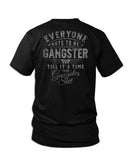Savage Tacticians Gangster tee; black tactical graphic shirt with large rugged typography and brass knuckles.