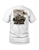 White t-shirt with a graphic of a military vehicle with a machine gun and 'Hell Yeah' text on the back, on a white background.