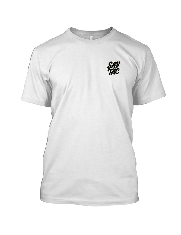 White t-shirt with a black "SAV TAC" logo above the left breast against a white background