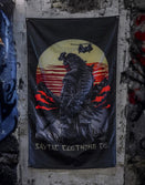 Savage Tacticians wall flag with modern samurai, sunset, and helicopter design