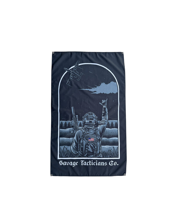 Savage Tacticians flag with soldier illustration, rifle, and jet at night