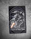 Savage Tacticians flag with helmeted figure firing machine gun, 'Chance of Rain Today' text