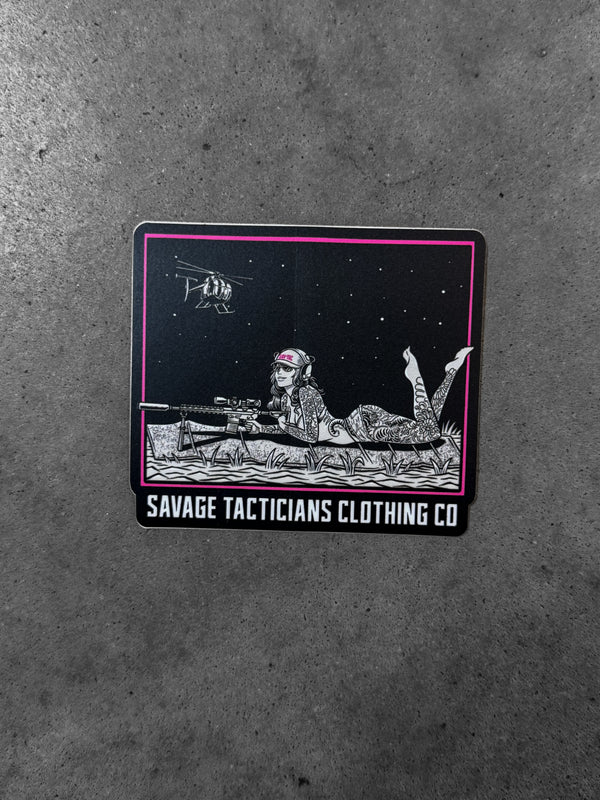 Savage Tacticians sticker with illustrated sniper, night sky, helicopter, and bold branding