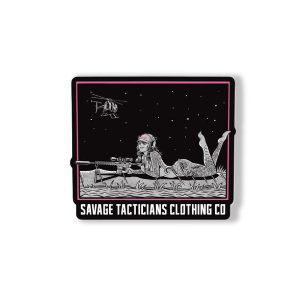 Savage Tacticians patch featuring a tattooed woman sniper at night with a helicopter overhead.