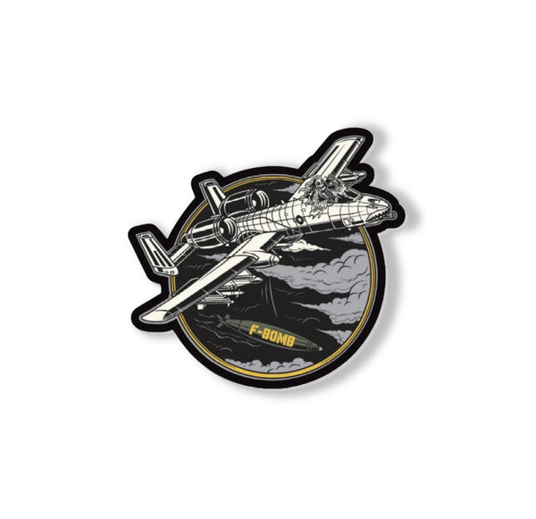 Savage Tacticians patch featuring a fighter jet dropping a bomb labeled F-BOMB in the clouds