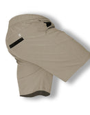 Savage Tacticians khaki tactical shorts with elastic waistband and black accent detail