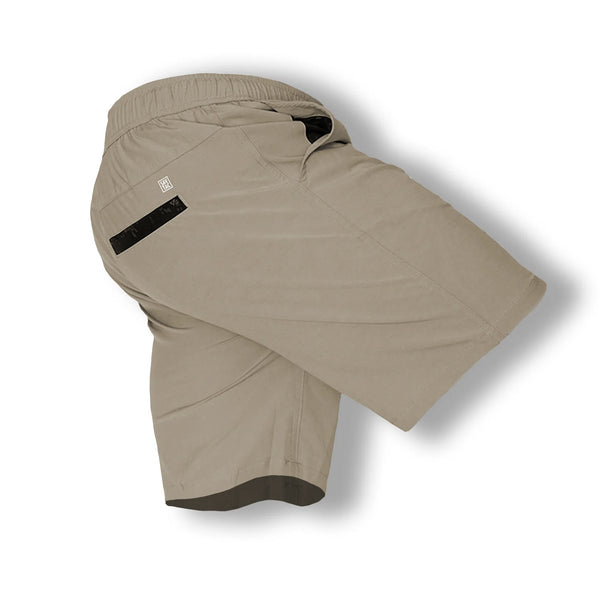 Savage Tacticians khaki tactical shorts with elastic waistband and black accent detail